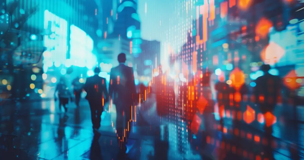 Blurry silhouettes walk through a vibrant cityscape with glowing lights and digital effects.