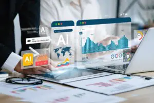 Business professionals analyzing AI-driven data on digital screens.