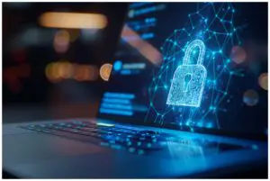 Digital lock symbolizing cybersecurity on a laptop screen.