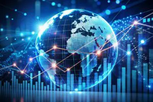 Digital globe with network connections and data charts illustrating global connectivity.