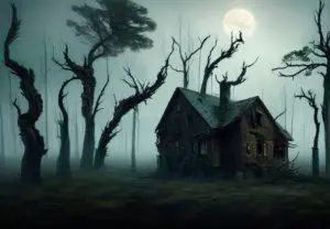 A spooky, abandoned house under a full moon with eerie trees.