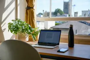 Cozy workspace by a window with a laptop, water bottle, and plant.