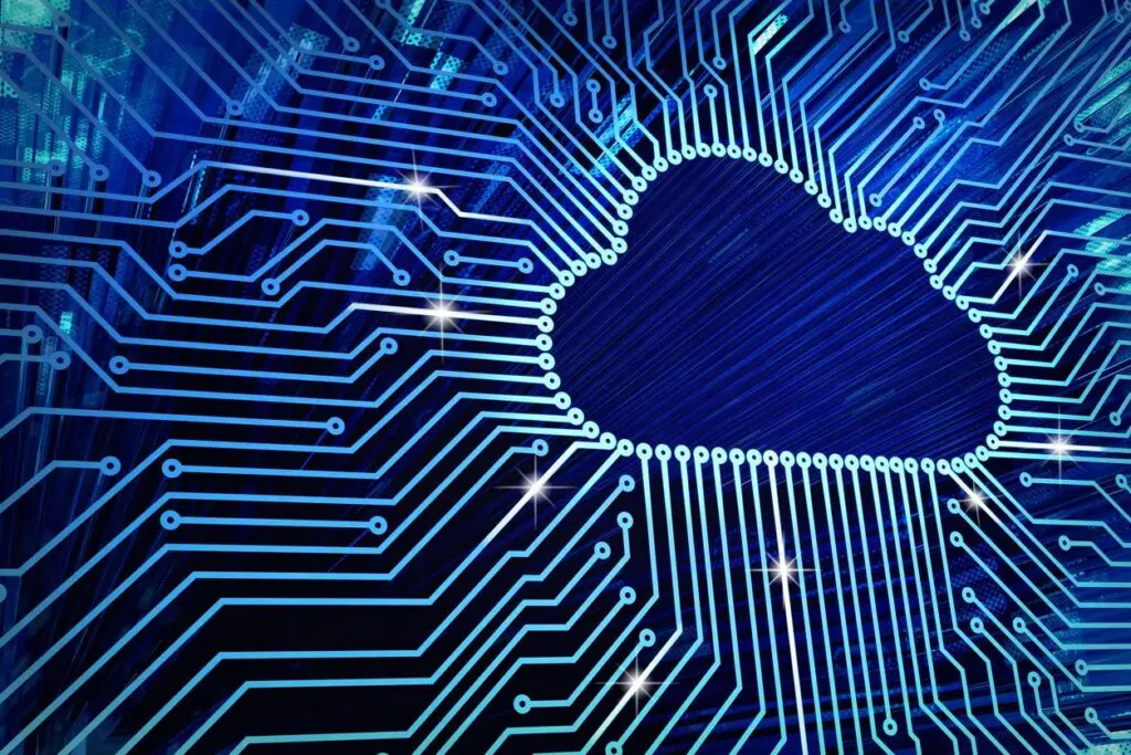 Cloud with digital circuit lines background.