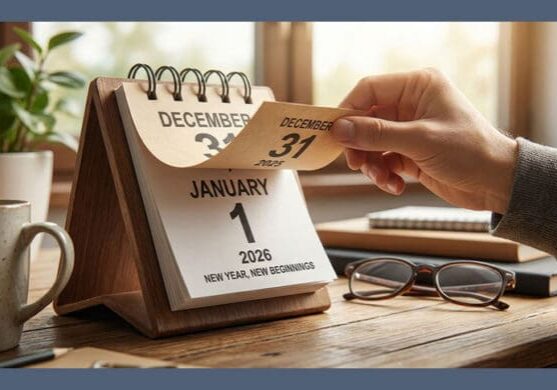 Hand flipping calendar page to January 1st.