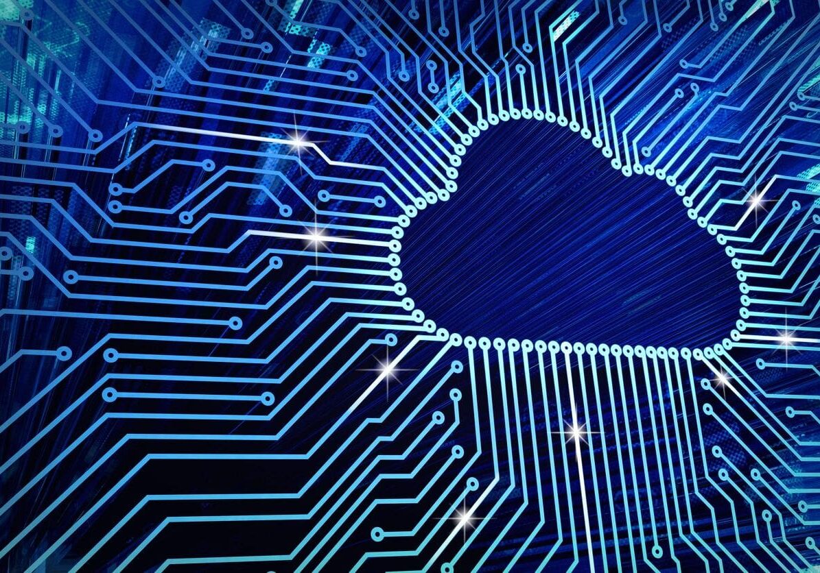 Cloud with digital circuit lines background.